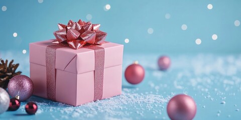 Leinwandbilder - Pink gift box with Christmas decorations on a blue background.