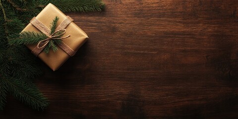 Aufkleber - Christmas gift box beside a fir pine tree branch on a wooden desk. Copy space for text.