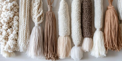 Poster - Hand-knitted needlework featuring tassels on a white background.