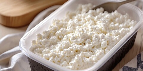 Poster - Close-up of white cottage cheese in a plastic container alongside a teaspoon on a kitchen table background. Concept of food, diet, and healthy nutrition. Studio shot.