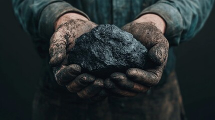 A close-up of hands holding a chunk of coal, showcasing dirt and texture, symbolizing labor and natural resources.