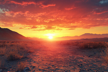 Wall Mural - Stunning sunset over arid landscape with vibrant red and orange hues