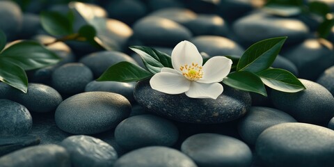 Poster - spa flower amidst stones with green leaves for massage room