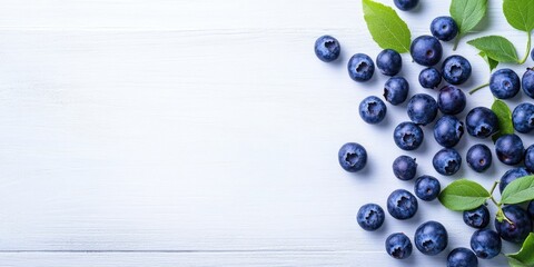 Aufkleber - Freshly picked ripe wild blueberries on a white wooden table background, symbolizing vitamins and healthy eating. Geometric border design with blueberries, copyspace for your text.