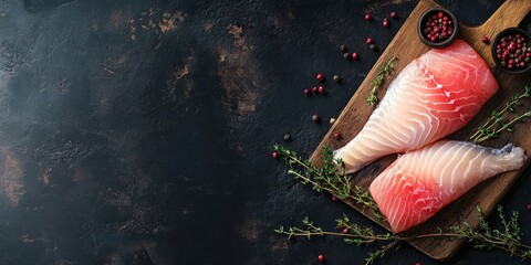 Poster - Raw tilapia fillet on a cutting board accompanied by thyme and pink pepper. Black backdrop. Top view. Copy space.