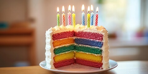 Poster - A rainbow birthday cake with candles lit, ready to be blown out.
