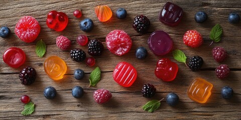 Poster - Berry and fruit pastille on a wooden surface.
