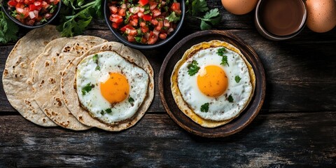 Poster - Mexican breakfast cuisine. Huevos rancheros, baked eggs, viewed from above with pico de gallo salad, hot chocolate, and tortillas on a dark rustic wooden surface with space for text.