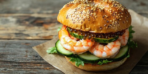Poster - Burger, a sandwich containing shrimp, avocado, caviar, and cucumber. Set against a wooden background. Top view. Copy space.