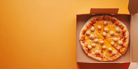 Poster - Pizza and cheese balls in a paper box, isolated on an orange background. This image comes with a clipping path for promotional purposes. Concept ideas.