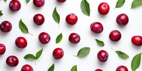 Aufkleber - Summer harvest of red plums. Red plums and leaves pattern on a white background top view with space for text.