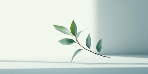 Poster - Minimalist composition featuring a small, fresh branch with green leaves against a light background with copy space. Focus on organic plants and environmental care.