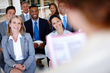 Poster - Meeting, speaker and audience of business people in conference, tradeshow and presentation. Corporate managers, professional and men and women in office for seminar training, workshop and convention