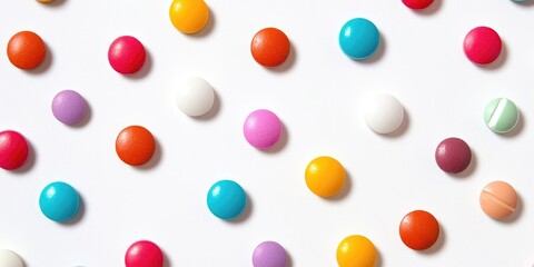 Aufkleber - High-angle perspective of vibrant pills on a white background.