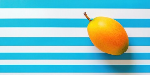 Poster - Fresh ripe mango on a bright blue and white striped backdrop with copyspace, ideal for food-themed designs and summer concept visuals.