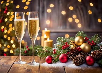 Two champagne glasses with Christmas tree in background