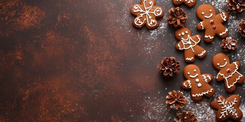 Fototapete - Christmas backdrop featuring gingerbread cookies. Copy space, top view.