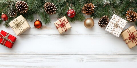 Aufkleber - Christmas backdrop. Pine tree branches, pine cones, ornaments, and gift boxes arranged on a white wooden surface.