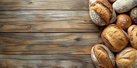 Poster - Fresh bread on a wooden table. Top view with room for your text.