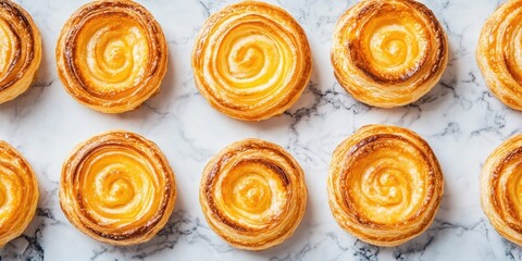 Aufkleber - Deliciously crispy baked circular puff pastry layers of homemade cakes on a marble table background. Selective focus, top view, and copy space.