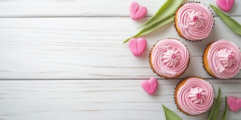 Aufkleber - Homemade decorated beautiful tulip cakes on a white wooden table with copy space. This represents the idea of homemade desserts for holidays, birthdays, Valentine's Day, and weddings.