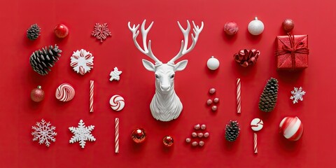 Poster - Christmas arrangement. Christmas decorative gifts, reindeer, cones, candy, and snowflakes isolated on a red background. Flat lay, top view. Merry Christmas and Happy New Year concept holiday card.
