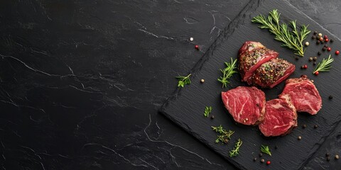 Poster - A cut of meat and sliced pieces on a black background and black wooden board, featuring herbs and pepper, with space for text.