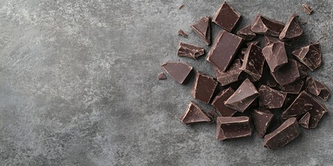 Poster - Dark chocolate pieces on a grey table, top view. Room for text.