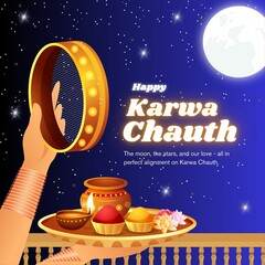 Happy Karwa Chauth Festival Wishes! Festival Season Wishes Poster Design! Colorful Social Media Post! Make it Yours! Thank You!