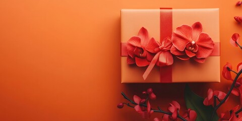 A gift box featuring an elegant and sophisticated design, accompanied by two red orchid branches set against an orange background. Tet gift concept for advertisements. Top view.