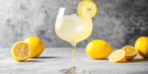 Aufkleber - Lemonade served in a wineglass, topped with a slice of fresh lemon, set against a grey background with highlights.