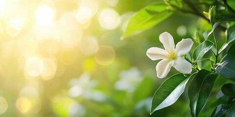 Poster - Soft focus of a flower against a blurred background of branches and leaves (Cape Jasmine, Cape Gardenia), with space for text in the template. Bokeh effect, natural green backdrop. Ecological concept.