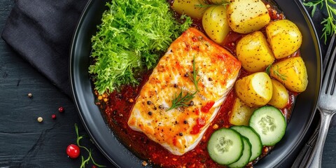 Poster - Steamed fish fillet in tomato sauce, accompanied by boiled potatoes and a fresh cucumber salad. Diet meal. Lenten food. Top view, above.