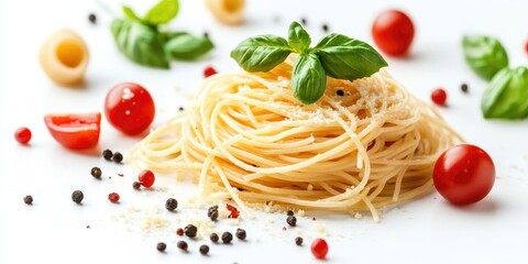 Poster - On a white isolated background, there is a bed of spaghetti with vegetables and small pasta.