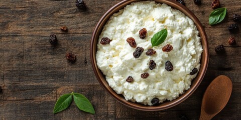 Aufkleber - Cottage cheese in a bowl with sour cream and raisins on a rustic wooden background, featuring copy space for your text. Top view.