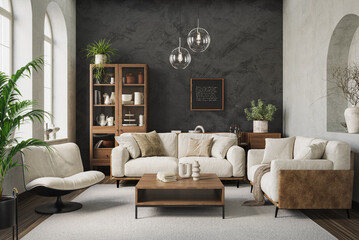 Wall Mural - Contemporary living room with a gray sofa on dark wall background. Modern design solution, 3d render
