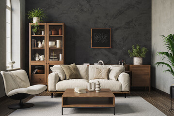 Wall Mural - Contemporary living room with a gray sofa on dark wall background. Modern design solution, 3d render
