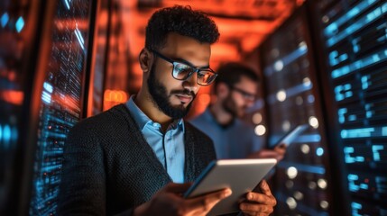 Poster - data center technician analyzing data on tablet, illuminated servers in background