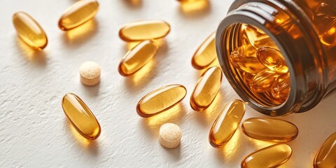 Poster - Vitamin pills in a bottle on a white background.