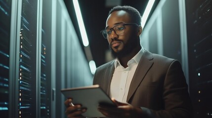 Poster - Professional man in suit using tablet in data center, focused on technology