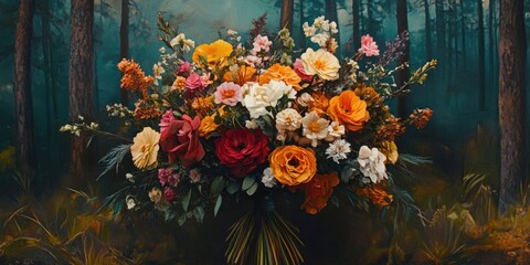 Aufkleber - Bouquet of flowers set against a backdrop of an ancient pine forest.