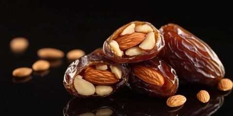 Poster - Dates filled with almonds, isolated against a black background. Selective focus.