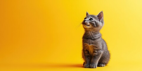 Poster - A cute little gray cat on a yellow background is looking and playing. Business banner, concept, copyspace.