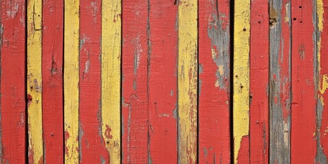 Leinwandbilder - Close-up of a red background texture featuring a painted rustic wooden panel with vertical lines and horizontal yellow bars.