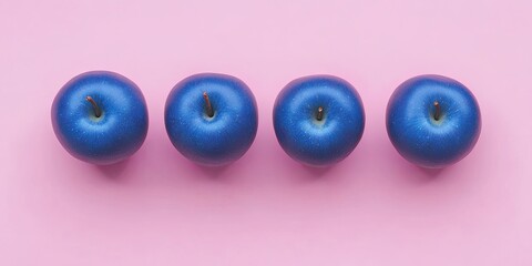 Poster - Blue apples on a pink pastel backdrop. Minimalistic style. Food concept.