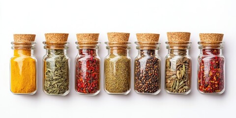Poster - Collection of spices in jars positioned on a white background.
