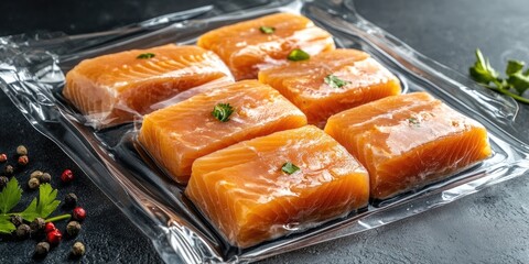 Poster - Salmon fillets in a vacuum-sealed package. Sous-vide, innovative culinary technique. Selective focus, copyspace.