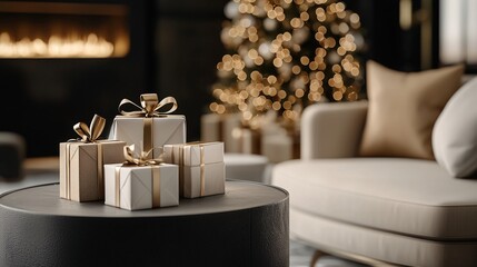 Poster - Festive living room with a roaring fireplace and gifts under the tree, 3D illustration