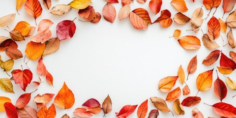 Fototapete - Autumn Love arrangement. A frame created from autumn leaves on a white background. Flat lay, top view.
