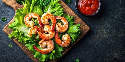Aufkleber - Boiled shrimp on a board surrounded by lettuce leaves and sauce, viewed from above, with copy space.